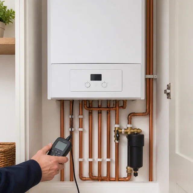 Modern domestic boiler installation with neat pipework in an Oldham home