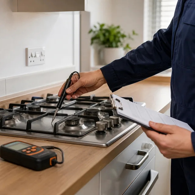 Gas safety inspection of a cooker hob with testing equipment and paperwork