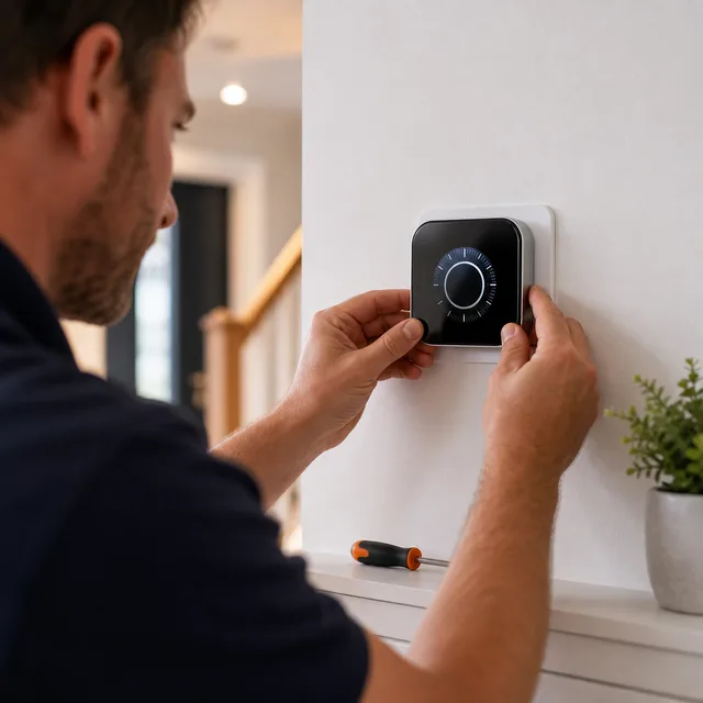 Engineer fitting a smart thermostat for a heating system upgrade
