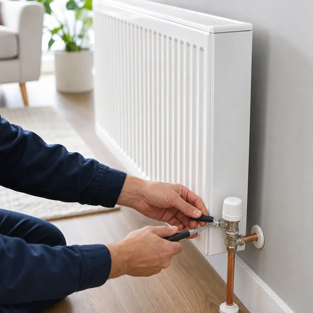 Heating engineer adjusting a radiator valve during a central heating job